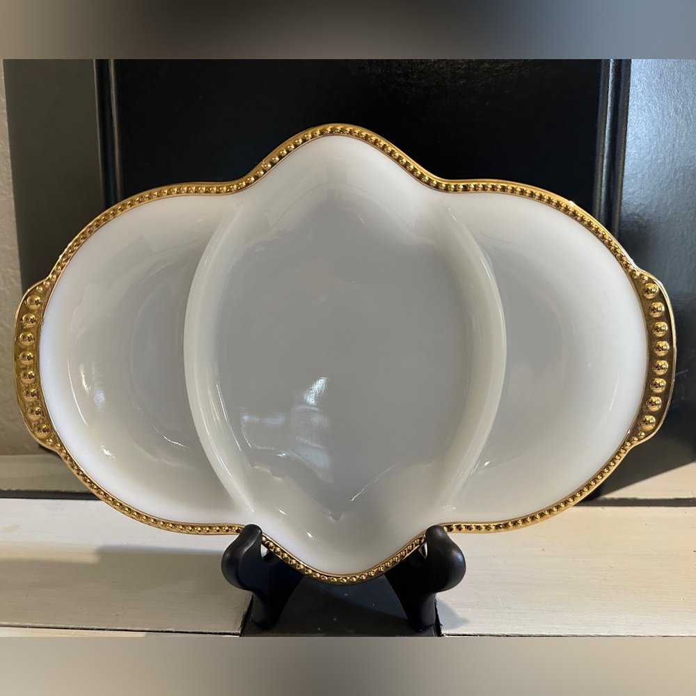 Fire King White Gold-Trim Divided Serving Dish